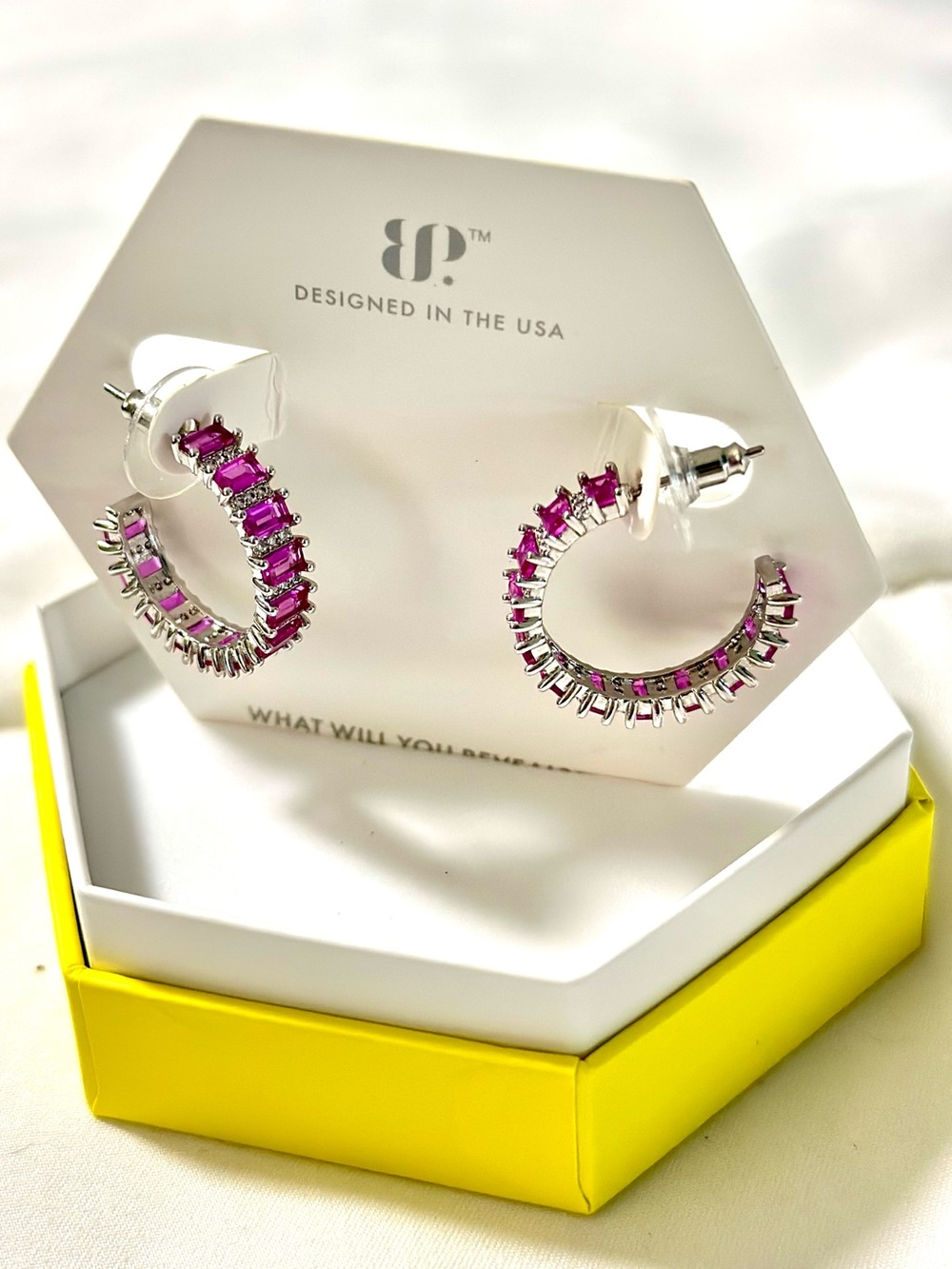 BP Pink Hoop Earrings with Baguette Stones